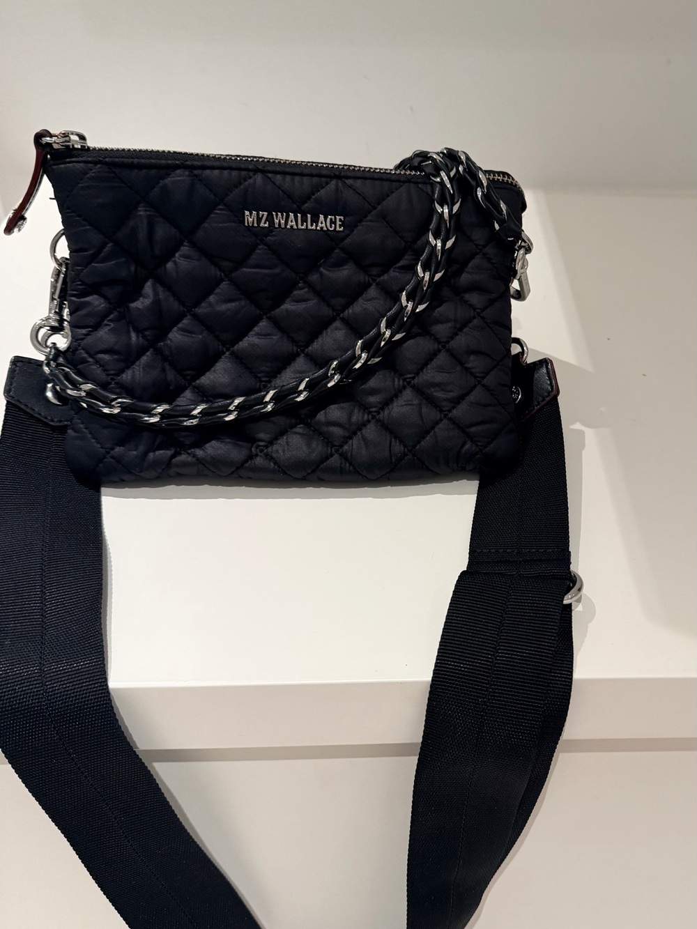 MZ Wallace Quilted Nylon Crossbody in Black with Chain Strap